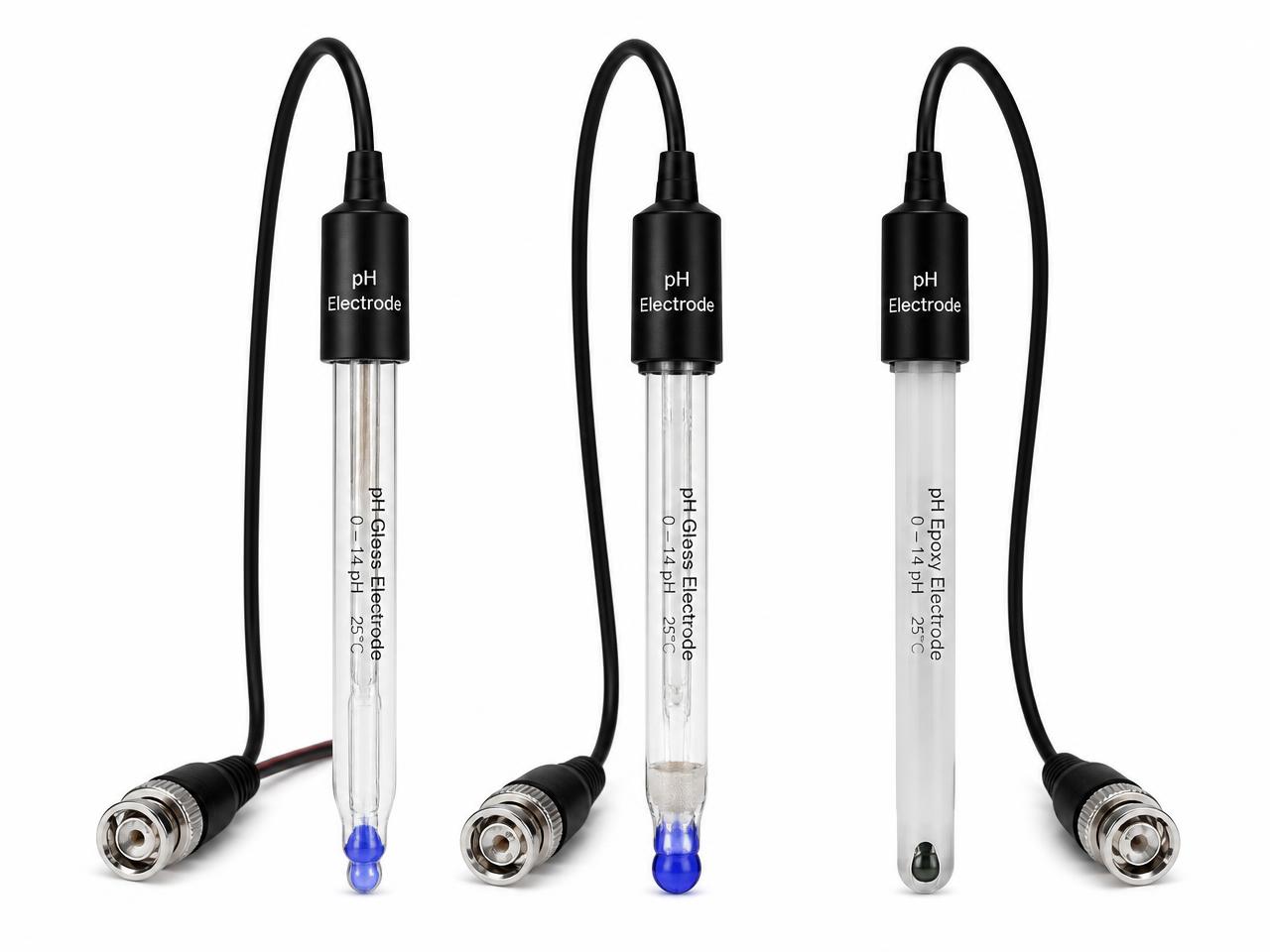 Three laboratory pH electrodes standing upright